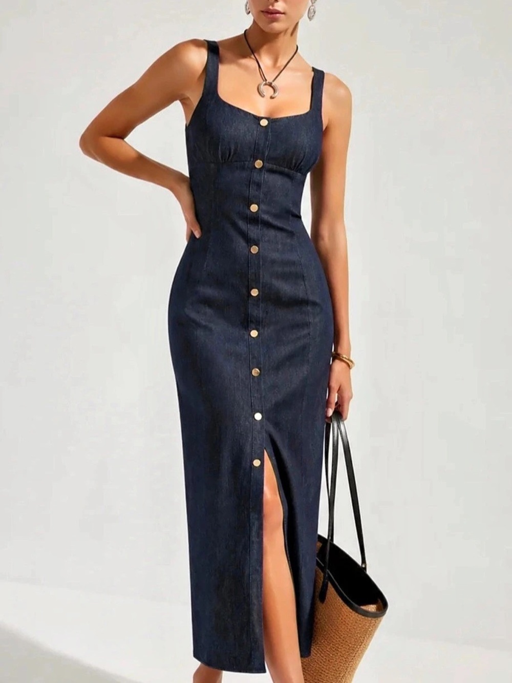 Button Front Denim Midi Dress